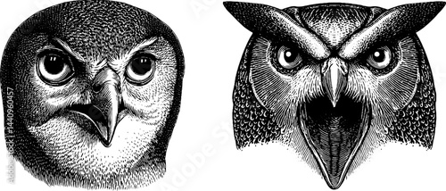 Engraved illustration of harpy and storm siren owls set for design and decoration