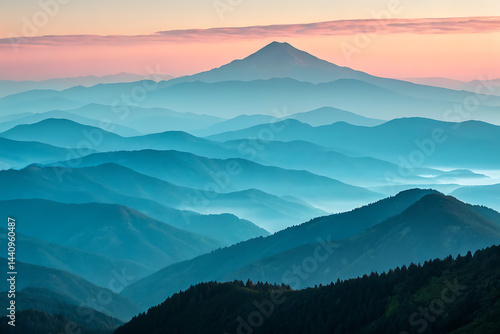 Obraz na płótnie Serene sunset hues create a breathtaking panorama of rolling hills and mountains, forming a tranquil landscape bathed in soft pastel light.
w salonie