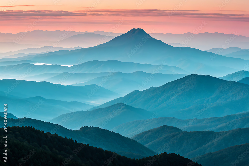 Serene sunset hues create a breathtaking panorama of rolling hills and mountains, forming a tranquil landscape bathed in soft pastel light.