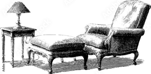 Vintage engraved illustration of reclining chair set with ottoman and lamp