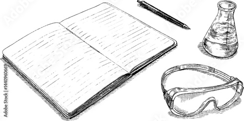 Scientific tools and safety equipment engraved illustration for laboratory setting