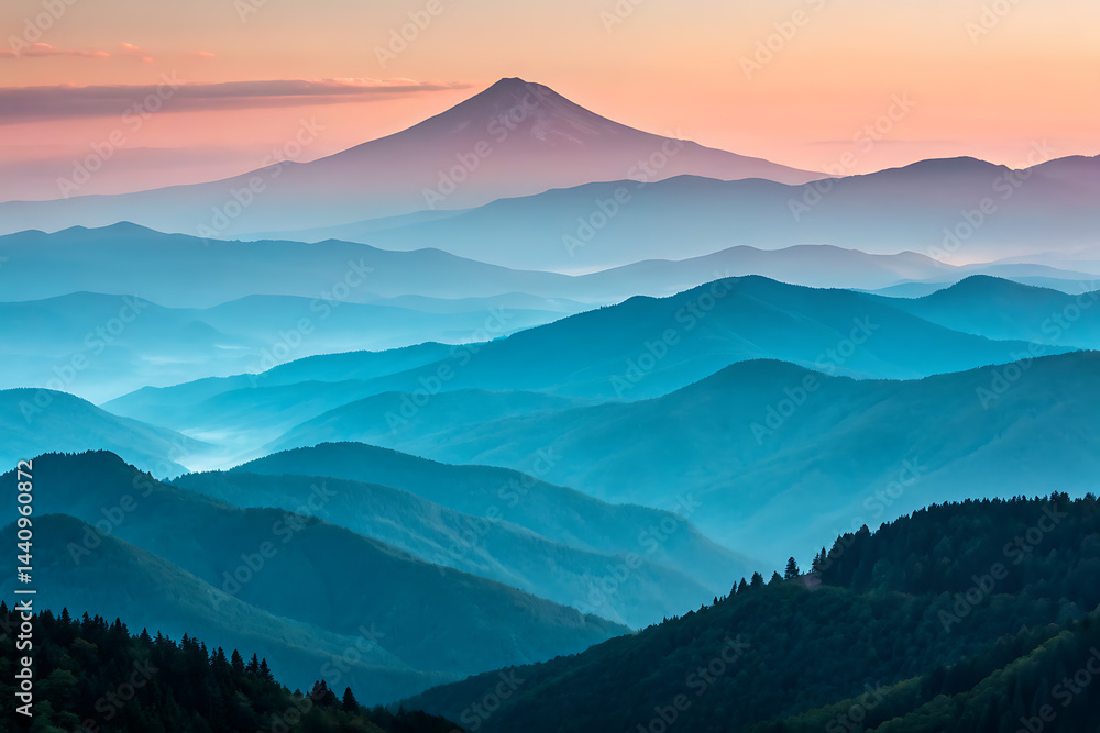 Serene sunset hues create a breathtaking panorama of rolling hills and mountains, forming a tranquil landscape bathed in soft pastel light.