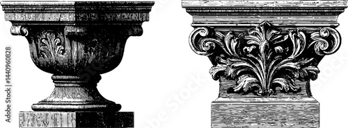 Intricate engraved illustration of architectural pedestal base and decorative scrollwork design