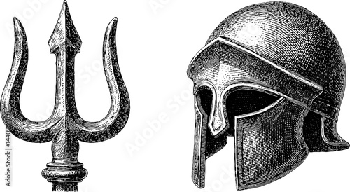 Engraved gladiator helmet and trident illustration set for historical design projects