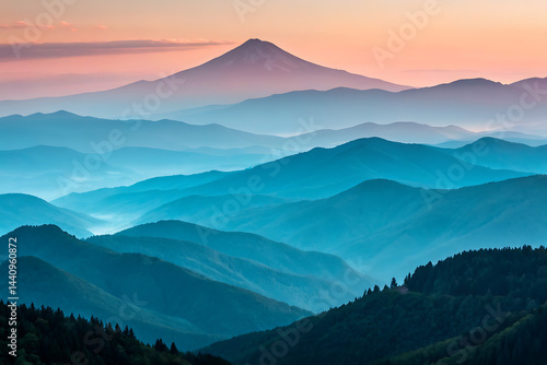 Obraz na płótnie Serene sunset hues create a breathtaking panorama of rolling hills and mountains, forming a tranquil landscape bathed in soft pastel light.
w salonie