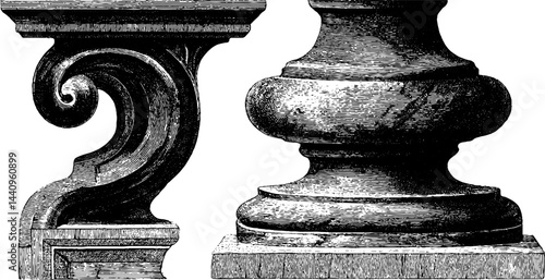 Vintage architectural elements: engraved pedestal base and scroll design for decorative arts