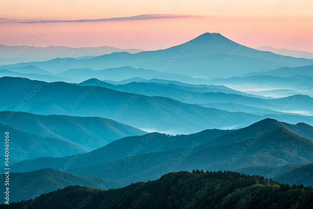 Serene sunset hues create a breathtaking panorama of rolling hills and mountains, forming a tranquil landscape bathed in soft pastel light.