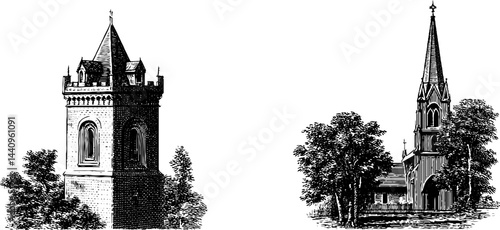 Engraved illustration set featuring gothic tower and hangings for architectural design inspiration