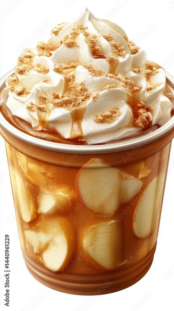 Delicious dessert featuring layers of whipped cream and caramel atop apple slices served in a cup Delicious dessert featuring layers of whipped cream and caramel atop apple slices served in a cup