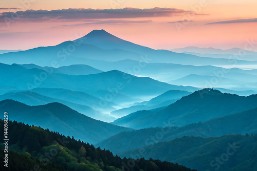Obraz na płótnie Serene sunset hues create a breathtaking panorama of rolling hills and mountains, forming a tranquil landscape bathed in soft pastel light.
w salonie