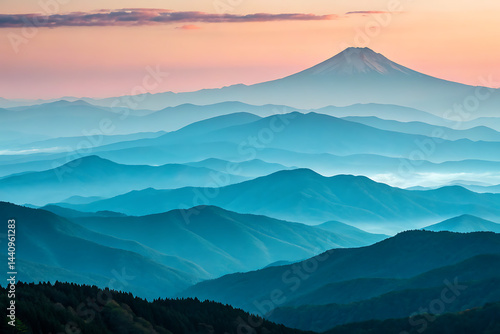 Obraz na płótnie Serene sunset hues create a breathtaking panorama of rolling hills and mountains, forming a tranquil landscape bathed in soft pastel light.
w salonie
