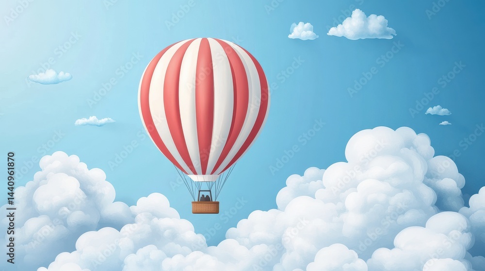 Fototapeta premium Hot Air Balloon Gliding Peacefully Through Clouds, Flat Vector Illustration