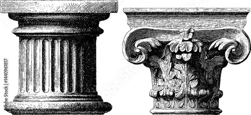 Engraved illustration set of classical tuscan column capitals for architectural design