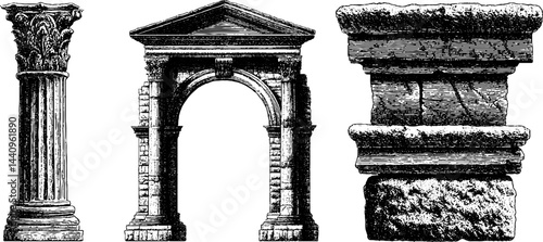 Vintage architectural elements engraving set featuring entablature and classical blocks for design