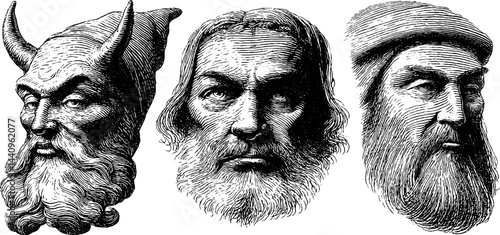 Intricate engraved portraits of djinn and efreet - mythical creatures art set