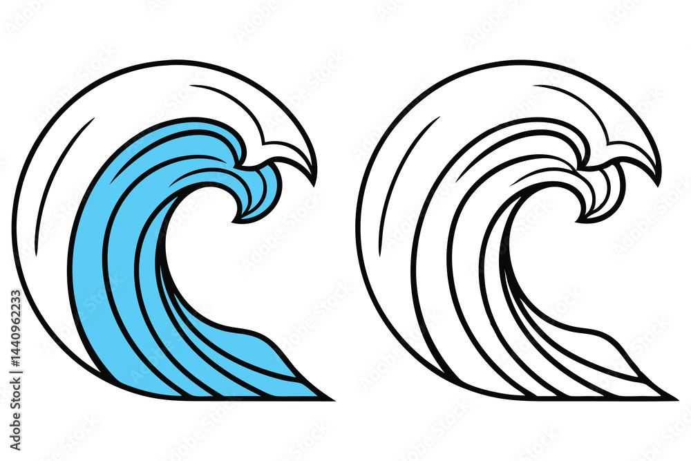 Cartoon Waves with Blue and White Color and Thick Black Outline on White Background Cartoon Waves with Blue and White Color and Thick Black Outline on White Background
