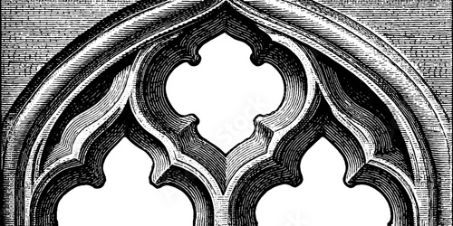 Gothic architecture tracery window engraving design for historical art prints
