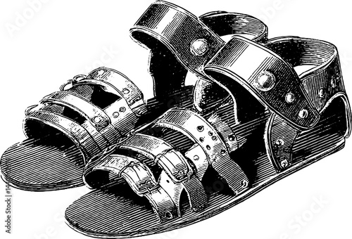 Detailed engraving of historical military sandals for printing and design
