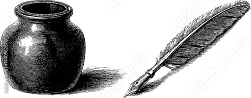 Vintage writing tools engraved illustration with ink pot and quill feather for artistic design