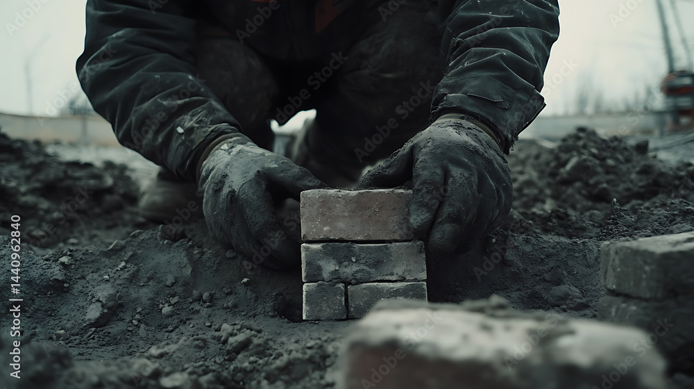 Construction Worker Laying Bricks