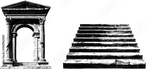 Engraved illustration set of temple archway and stone staircase for historical design