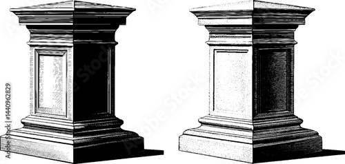 Engraved illustration set featuring detailed plinth and statue design for artistic displays