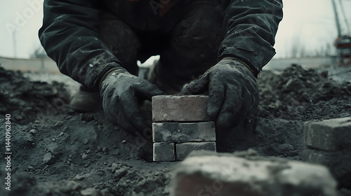 Obraz na płótnie Construction Worker Laying Bricks w salonie