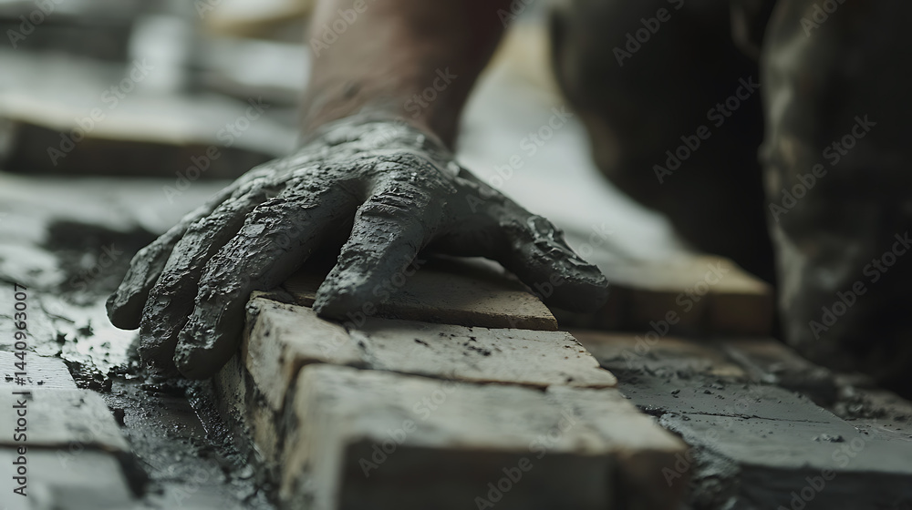 Construction Worker Laying Bricks with Cement