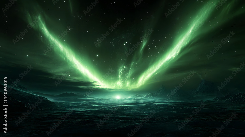 Fototapeta premium A breathtaking aurora dancing over a frozen exoplanet.