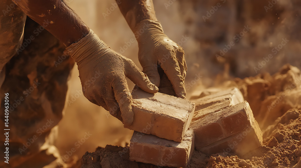 Hands of a Worker Handling Bricks