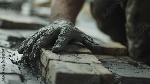 Obraz na płótnie Construction Worker Laying Bricks with Cement w salonie