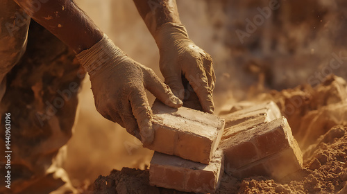 Obraz na płótnie Hands of a Worker Handling Bricks w salonie