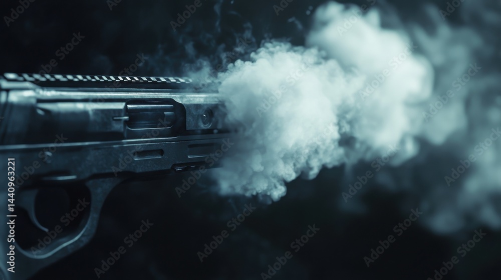 Close up view of an automatic firearm emitting smoke against a dark backdrop Close up view of an automatic firearm emitting smoke against a dark backdrop