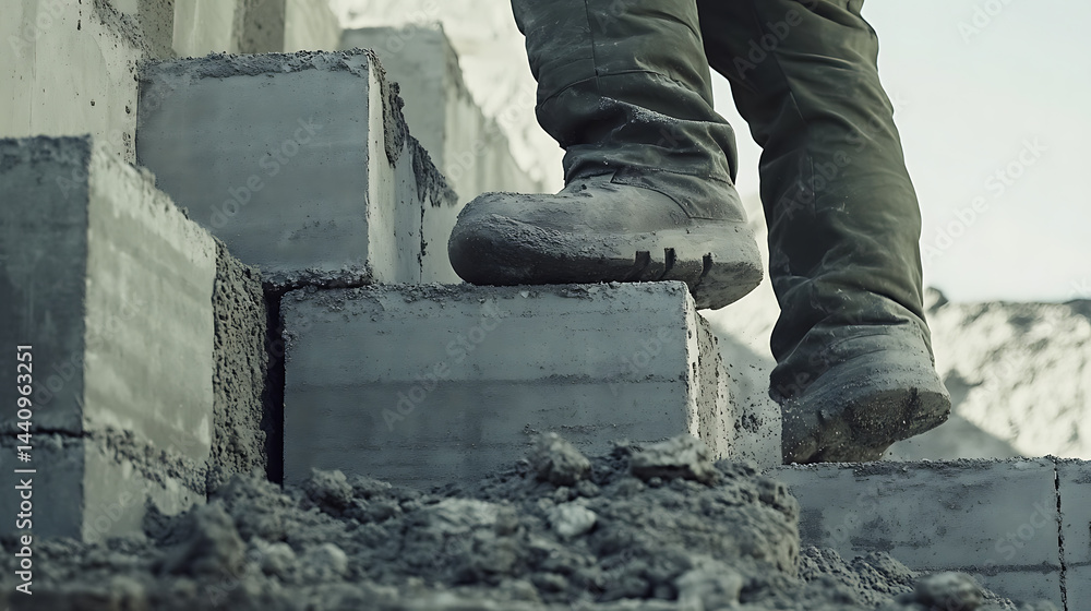 Construction Worker Walking on Concrete Blocks