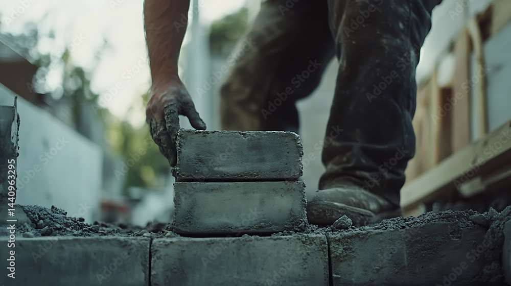 Construction Worker Laying Bricks