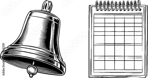 Vintage school bell and timetable engraving for educational design projects