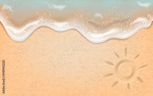 Sandy background with an incoming wave and and sun drawn on sand. Photo- realistic vector illustration.