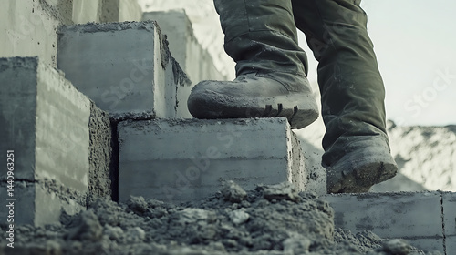 Obraz na płótnie Construction Worker Walking on Concrete Blocks w salonie