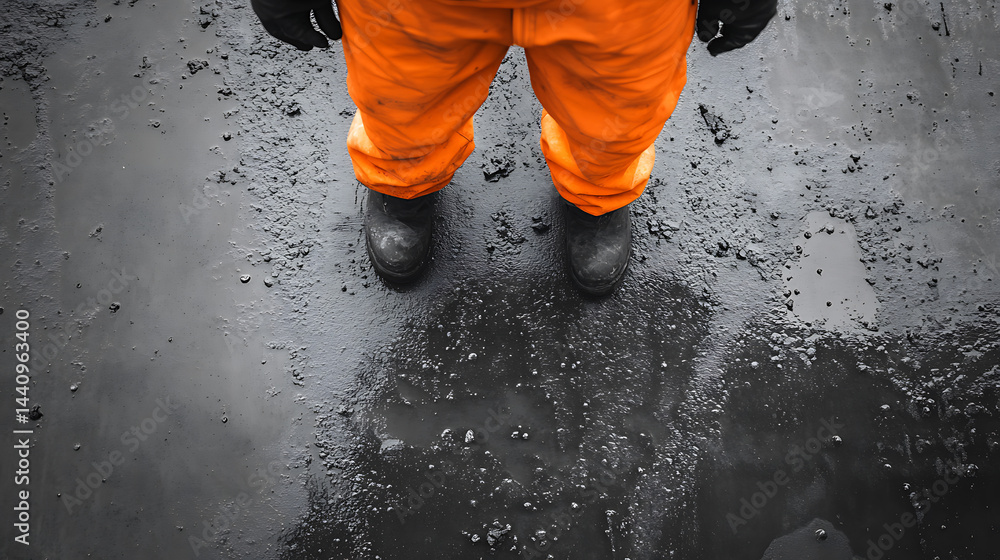 Person in Orange Overalls Standing on Wet Asphalt