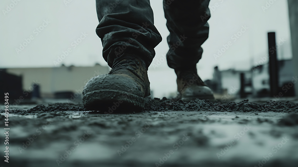 Close-up of muddy boots on a construction site
