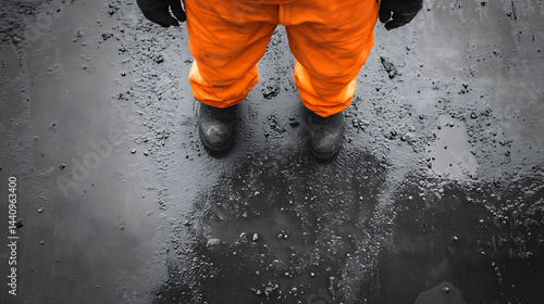 Obraz na płótnie Person in Orange Overalls Standing on Wet Asphalt w salonie