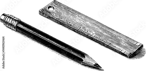 Detailed engraving of ruler and pencil for vintage design and print projects