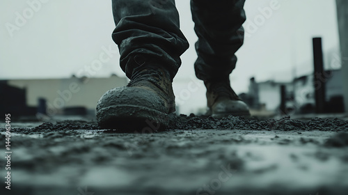 Obraz na płótnie Close-up of muddy boots on a construction site w salonie