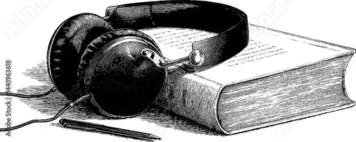 Vintage engraved illustration of headphones with book and pen for audio-themed design