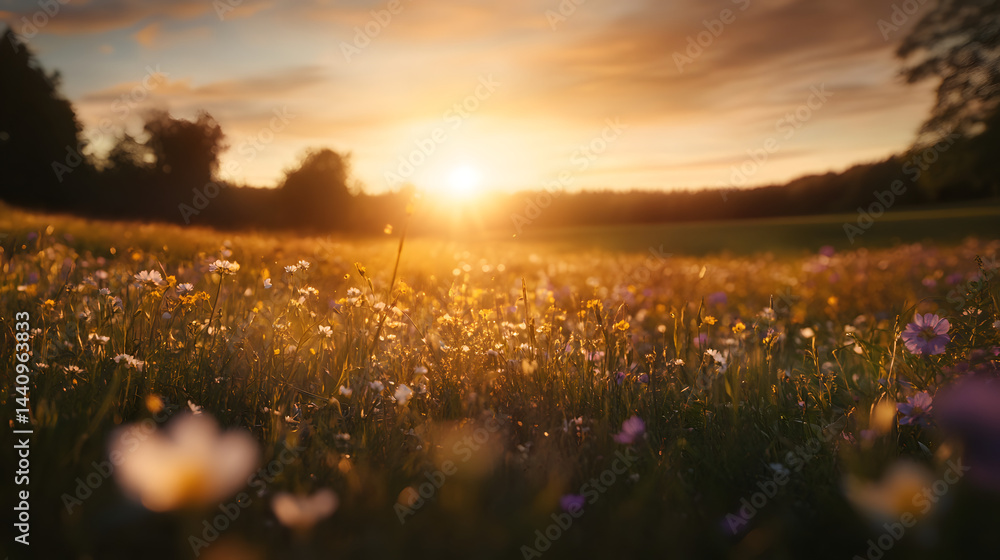 Obraz premium A breathtaking field of wildflowers stretching towards the horizon under clear skies.