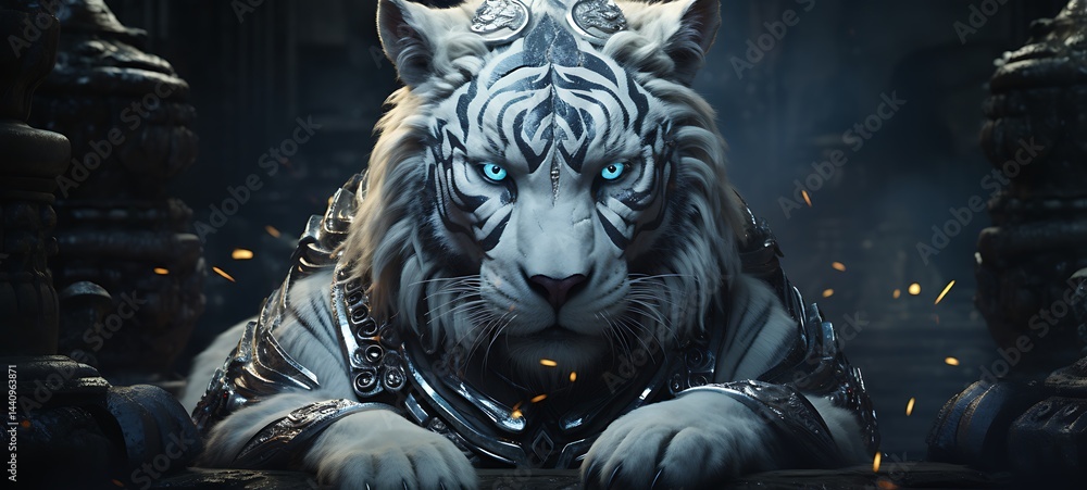 white tiger necromancer in Delfts Blauw, ai generative white tiger necromancer in Delfts Blauw, ai generative