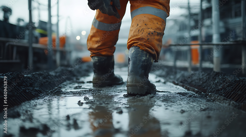 Construction Worker Walking Through Mud