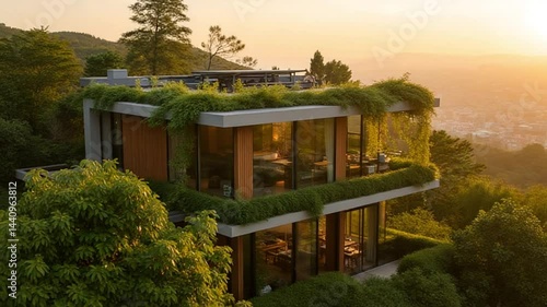 Modern Eco-Friendly House Surrounded by Lush Greenery at Sunset