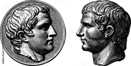 Classical roman artifacts: engraved coin and bust illustration for historical design