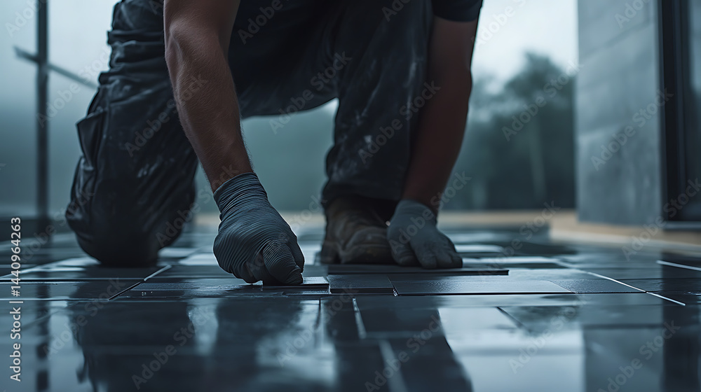 Construction Worker Installing Floor Tiles